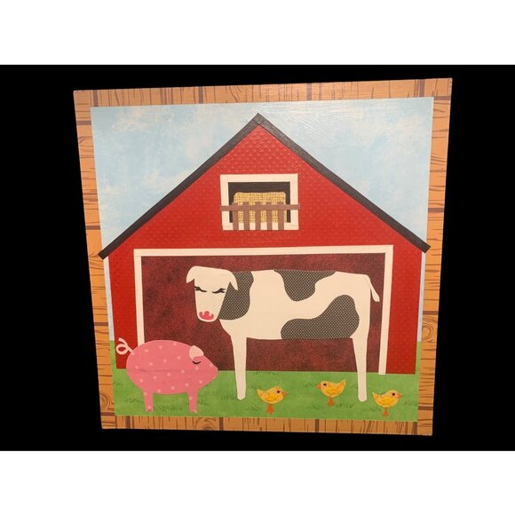 Folk Art Farm Scene Tape Art Cow Pig Chicken Red Barn Hand made, Signed 12" SQ - Picture 2 of 7